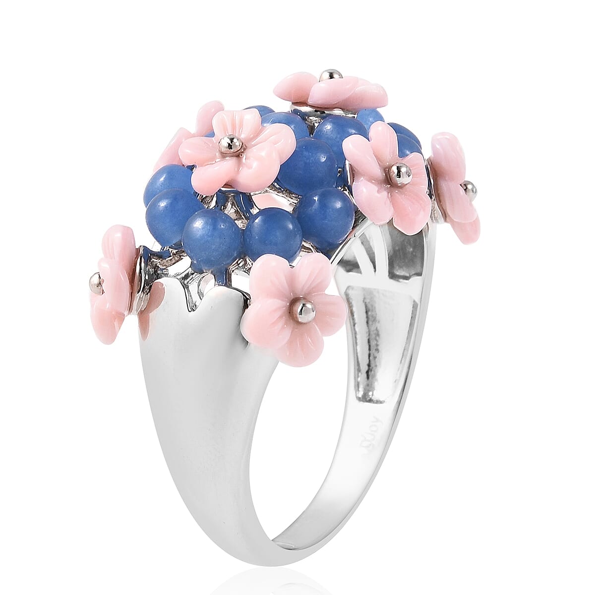 Jardin Collection - Blue Jade (3.25 Ct), Pink Mother of Pearl Floral Dome Ring in Rhodium Overlay Sterling Silver