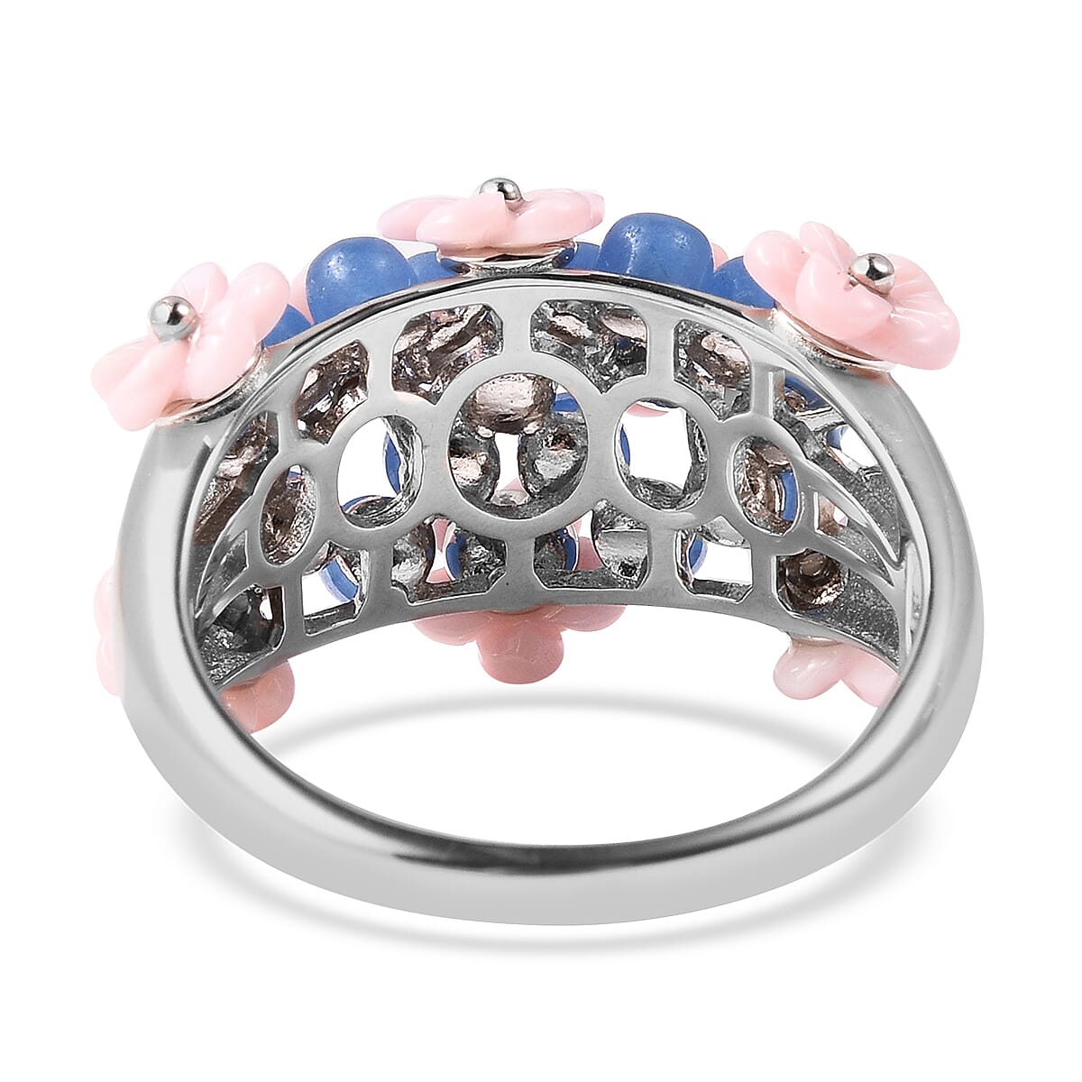 Jardin Collection - Blue Jade (3.25 Ct), Pink Mother of Pearl Floral Dome Ring in Rhodium Overlay Sterling Silver