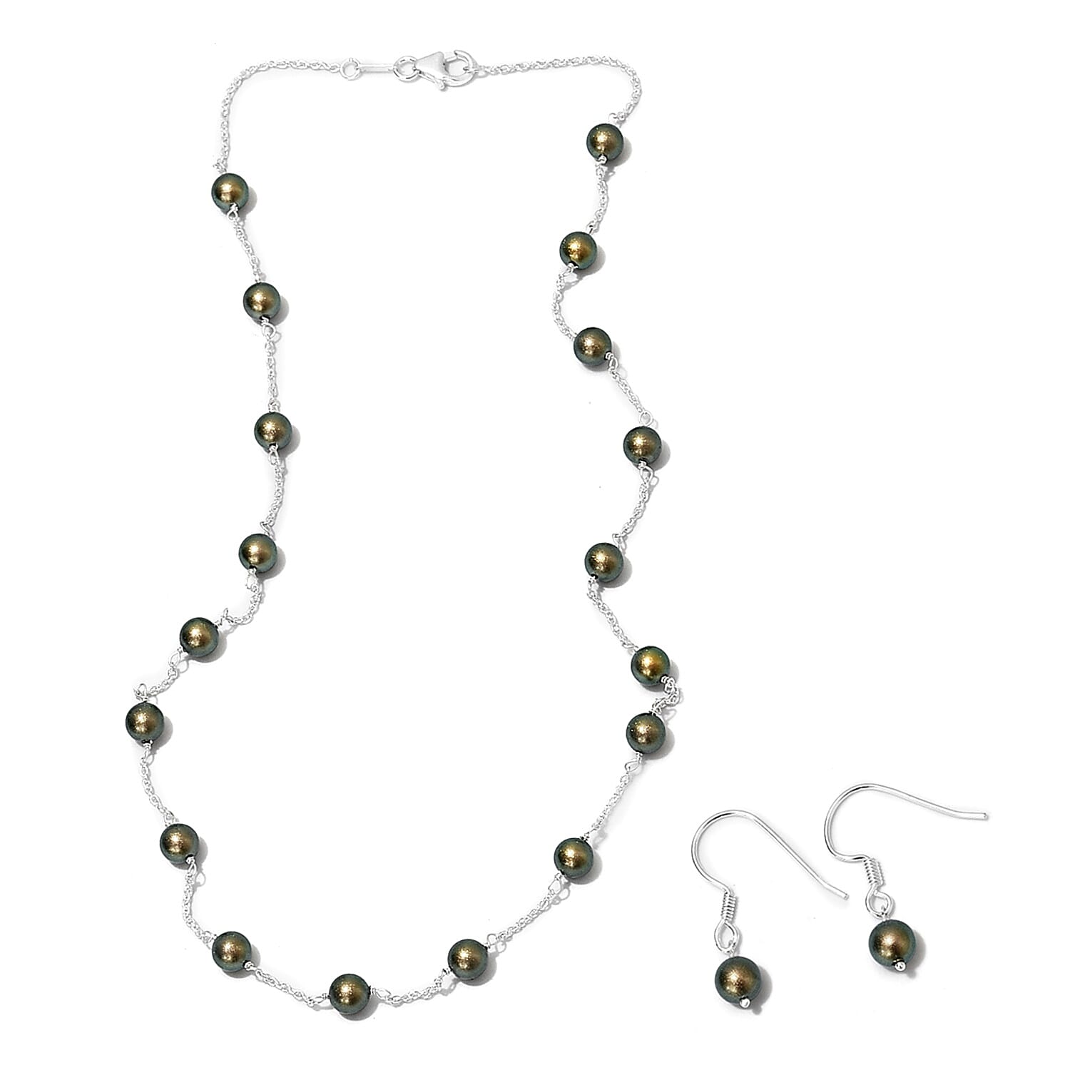 2 Piece Set - Lustro Stella Iridescent Green Pearl Crystal Earrings and Necklace (Size 20) in Sterling Silver