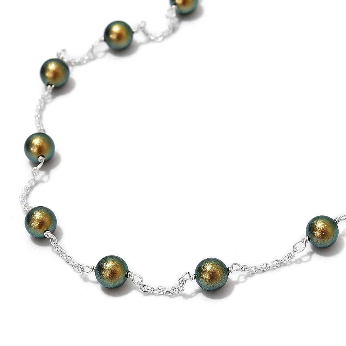 2 Piece Set - Lustro Stella Iridescent Green Pearl Crystal Earrings and Necklace (Size 20) in Sterling Silver