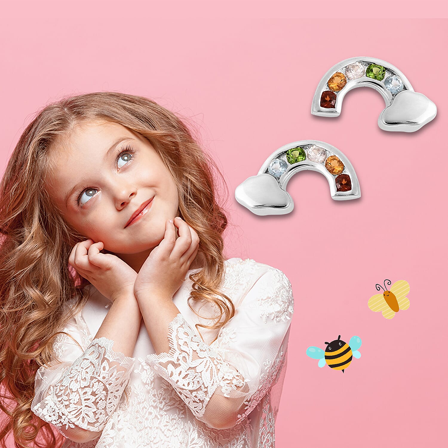 Rainbow Earrings for Kids with Multi Gemstone in Sterling Silver