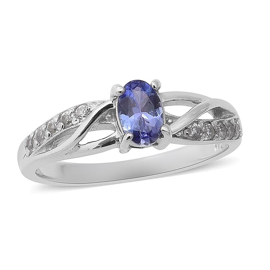 Tanzanite (Ovl 6x4mm), Natural Cambodian Zircon Ring in Rhodium Overlay Sterling Silver