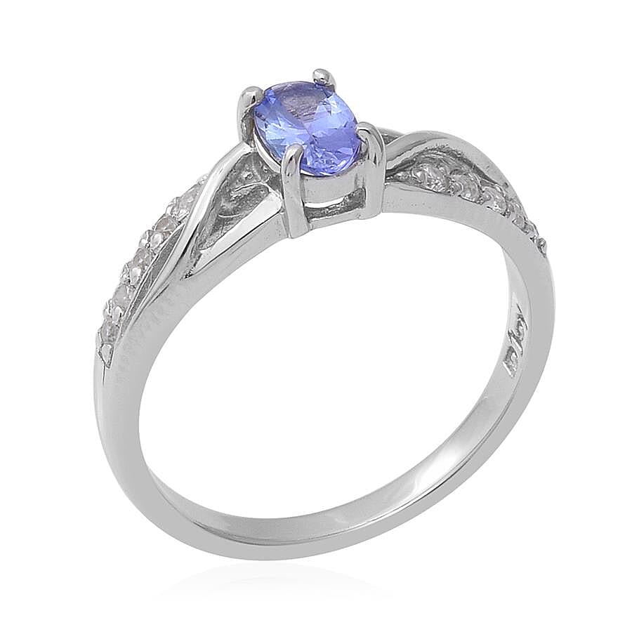 Tanzanite (Ovl 6x4mm), Natural Cambodian Zircon Ring in Rhodium Overlay Sterling Silver