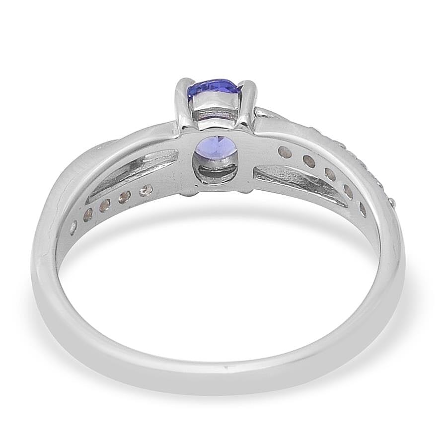 Tanzanite (Ovl 6x4mm), Natural Cambodian Zircon Ring in Rhodium Overlay Sterling Silver
