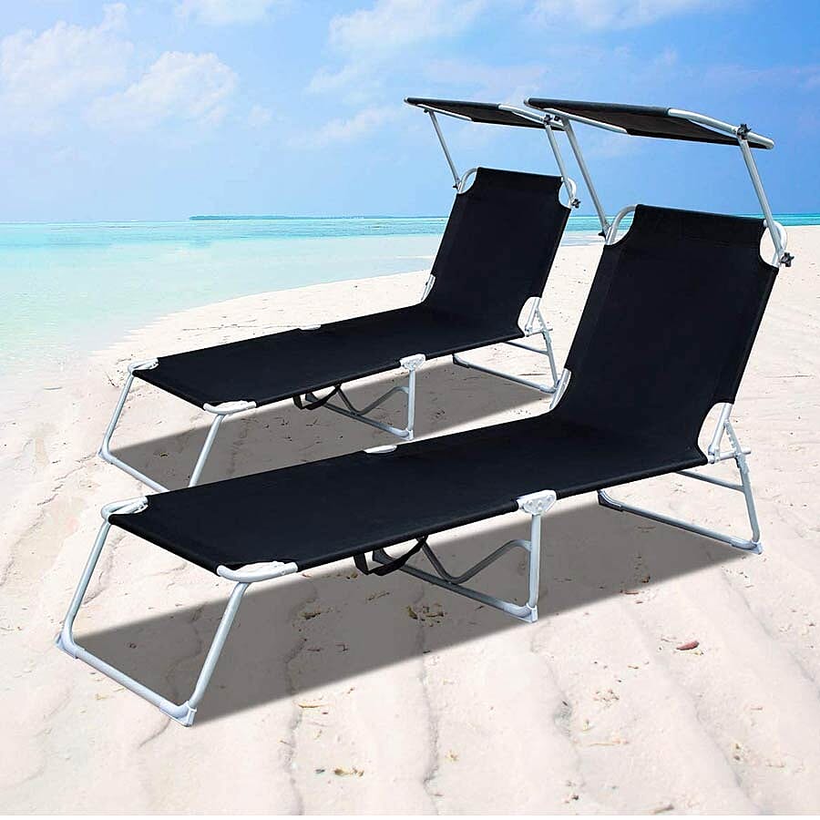 Folding Sun Lounger with Adjustable Backrest and Sun Shade Roof (Size 188x56x30 Cm) - Black