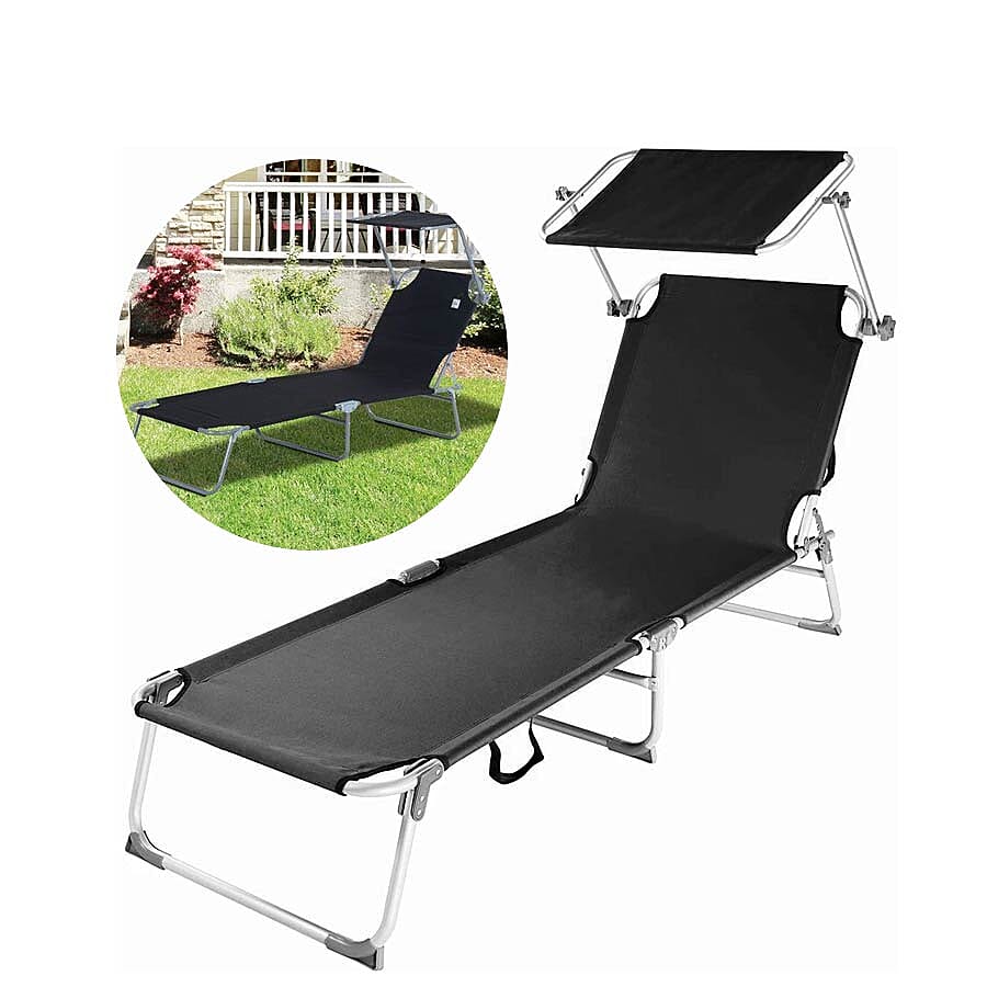 Folding Sun Lounger with Adjustable Backrest and Sun Shade Roof (Size 188x56x30 Cm) - Black