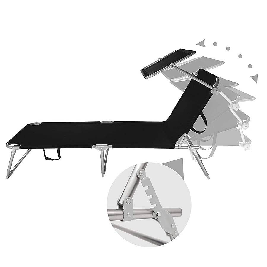 Folding Sun Lounger with Adjustable Backrest and Sun Shade Roof (Size 188x56x30 Cm) - Black