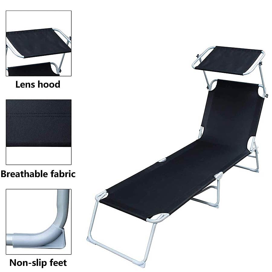 Folding Sun Lounger with Adjustable Backrest and Sun Shade Roof (Size 188x56x30 Cm) - Black