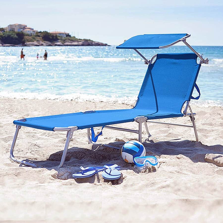 Folding Sun Lounger with Adjustable Backrest and Sun Shade Roof (Size 188x56x30 Cm) - Blue