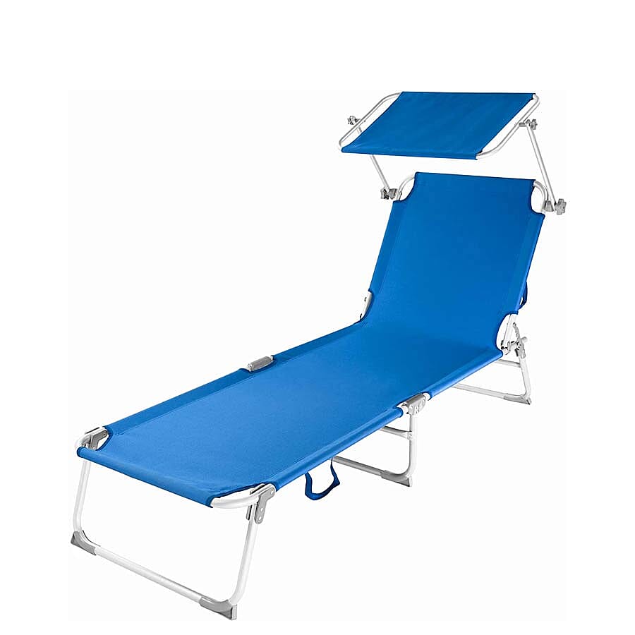 Folding Sun Lounger with Adjustable Backrest and Sun Shade Roof (Size 188x56x30 Cm) - Blue
