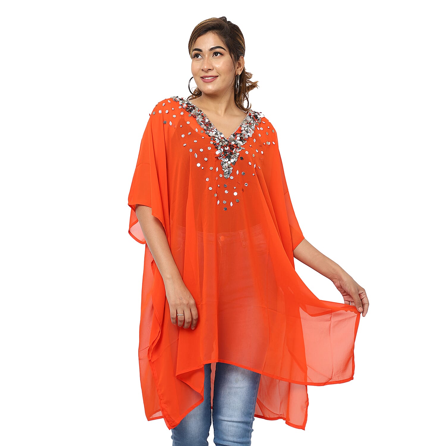 Crystal-Embellished V-Neck Kaftan Top (One Size; L-90cm, W-74cm) - Red