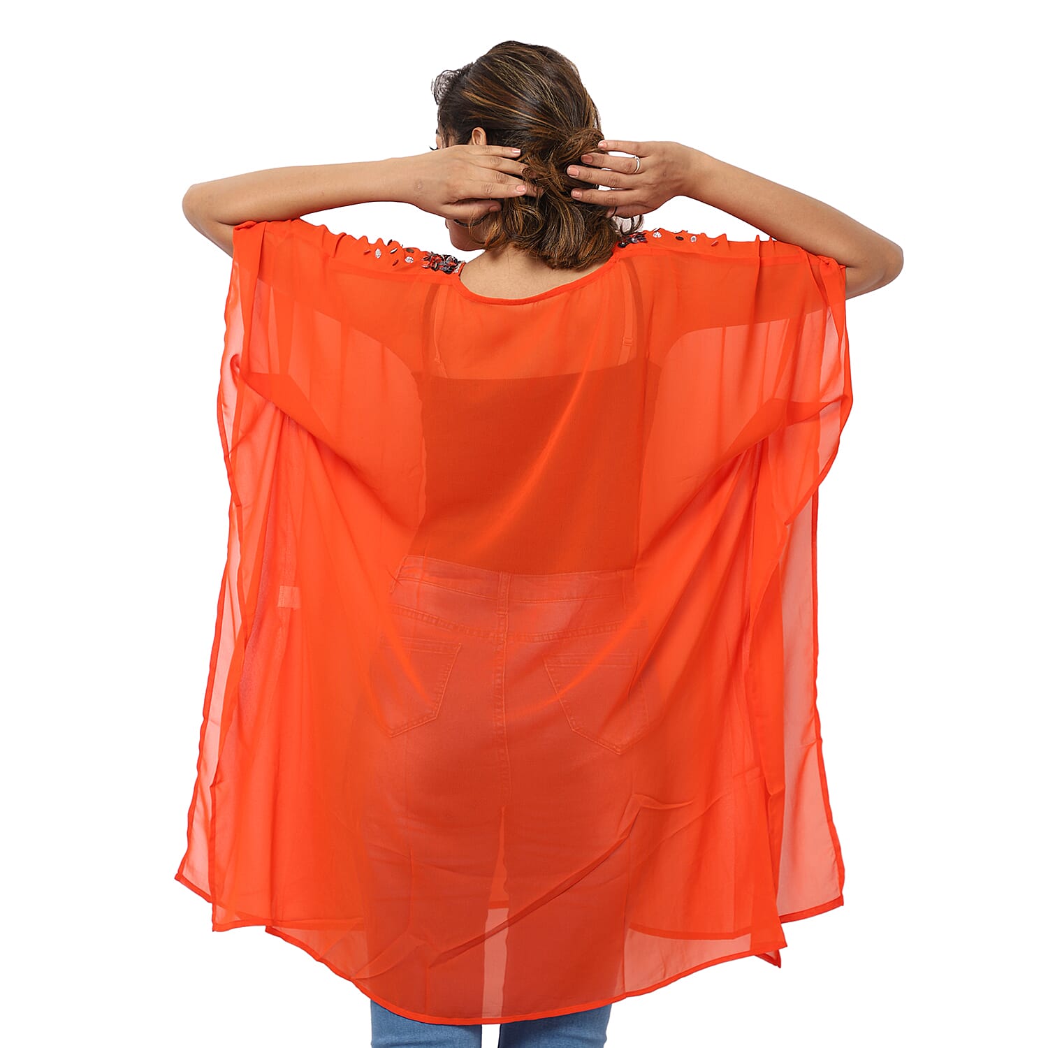 Crystal-Embellished V-Neck Kaftan Top (One Size; L-90cm, W-74cm) - Red