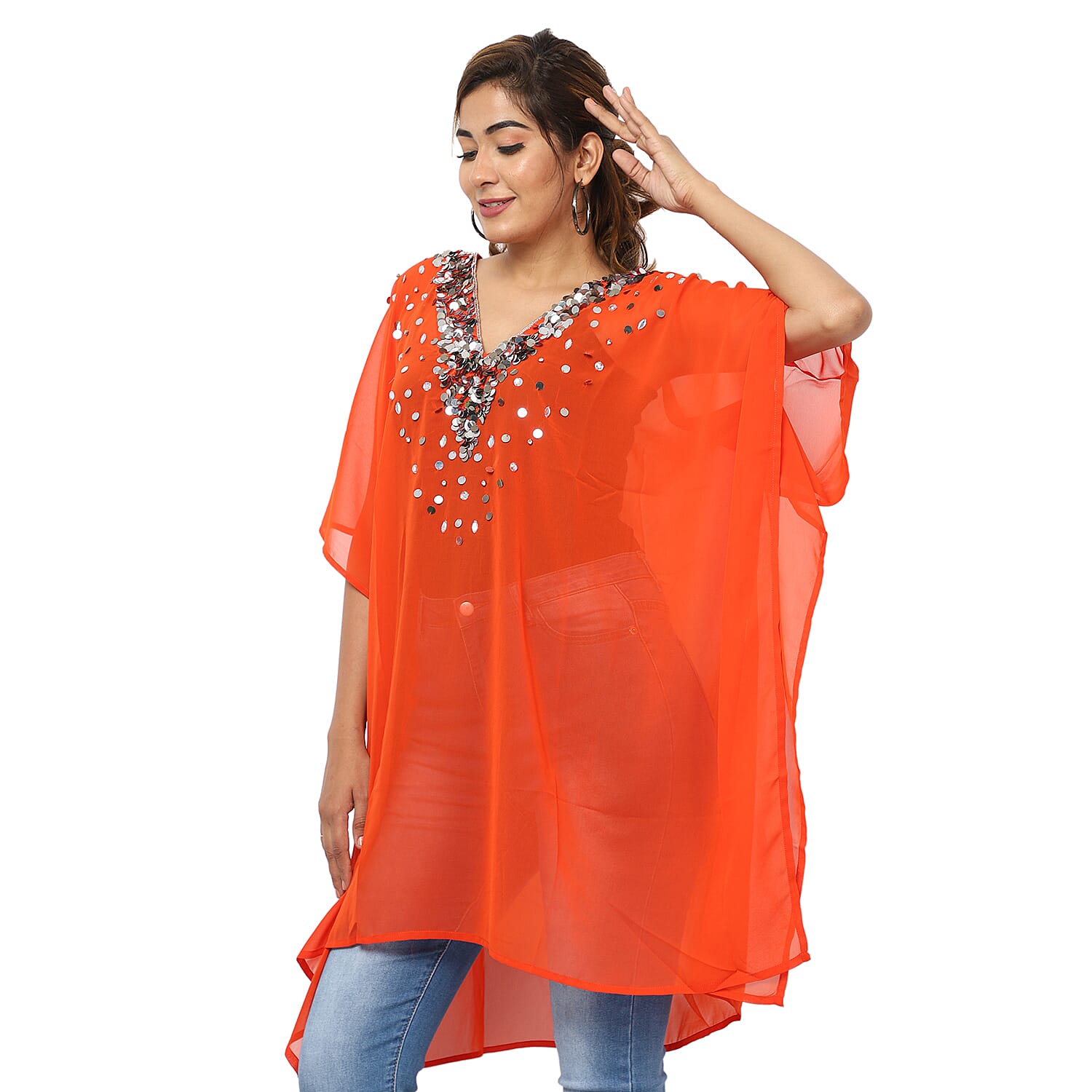 Crystal-Embellished V-Neck Kaftan Top (One Size; L-90cm, W-74cm) - Red