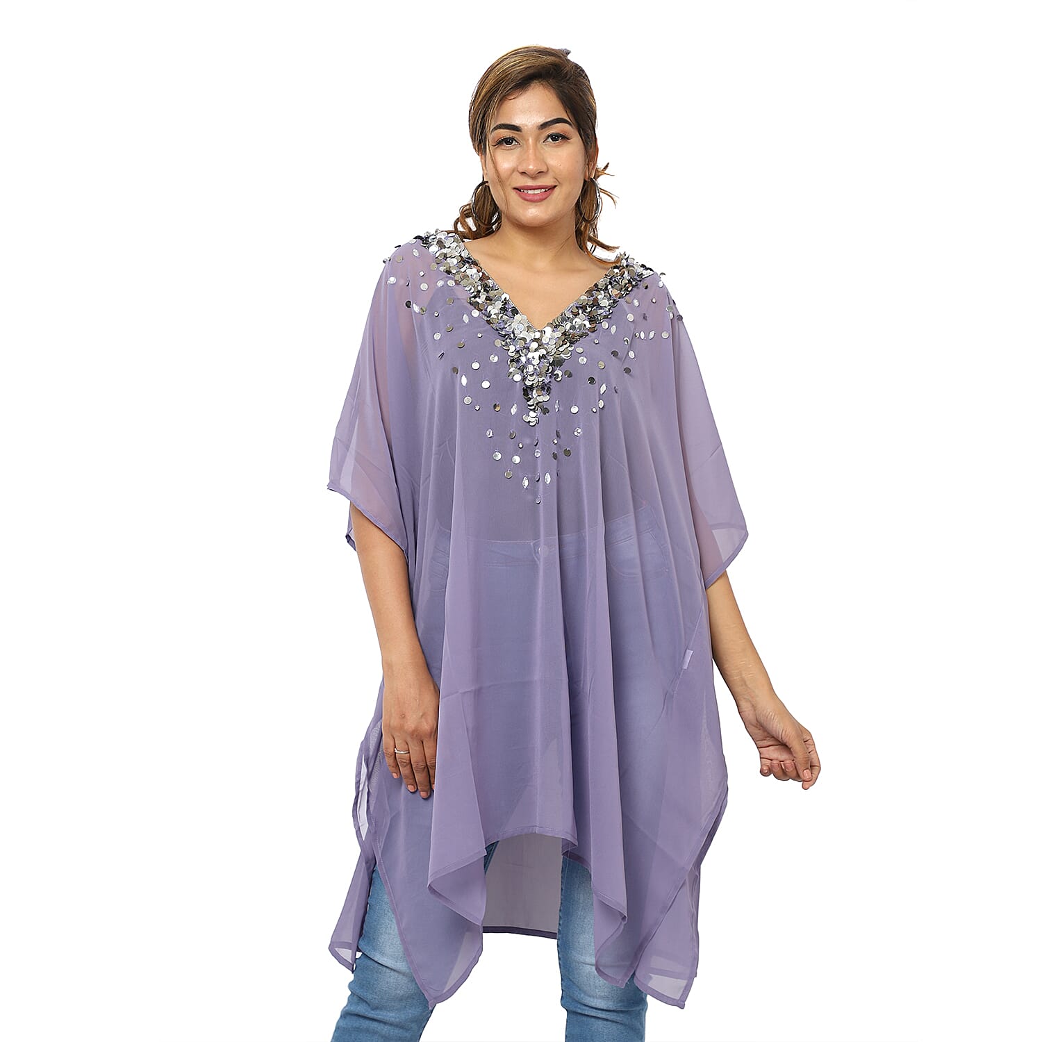 Crystal-Embellished V-Neck Kaftan Top (One Size; L-90cm, W-74cm) - Purple