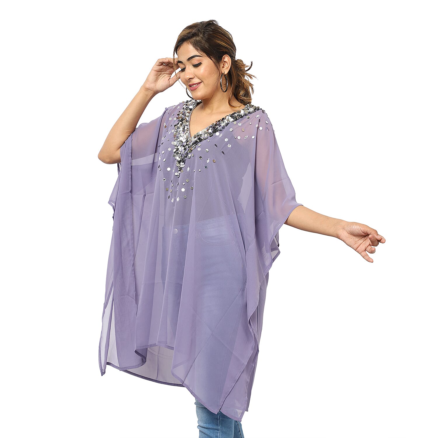 Crystal-Embellished V-Neck Kaftan Top (One Size; L-90cm, W-74cm) - Purple