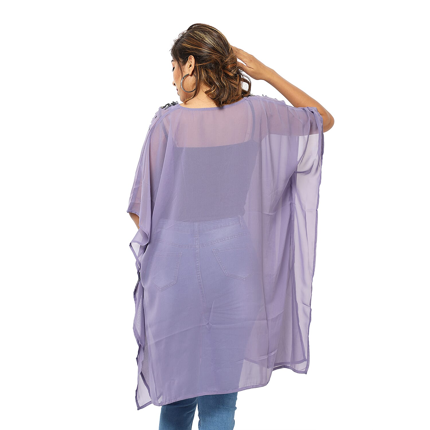 Crystal-Embellished V-Neck Kaftan Top (One Size; L-90cm, W-74cm) - Purple