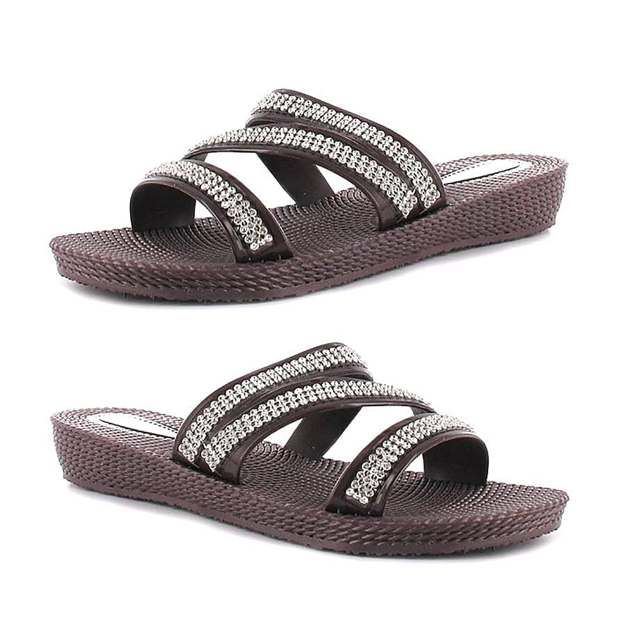 Ella Grace Diamante Slip on Sandals (Size 4) - Brown