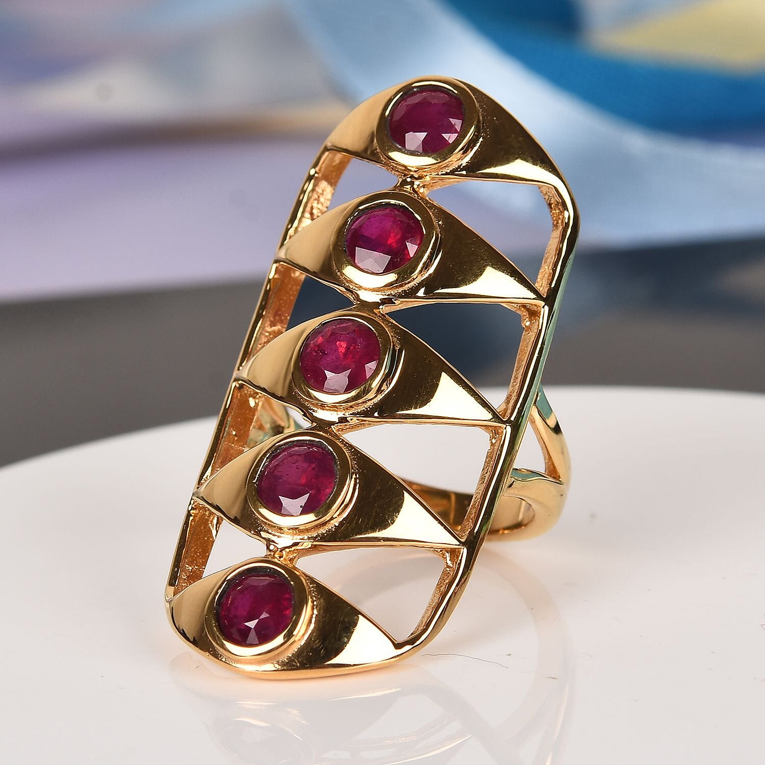 African Ruby Gladiator Ring in 14K Gold Overlay Sterling Silver 3.00 Ct, Silver wt 7.80 Gms