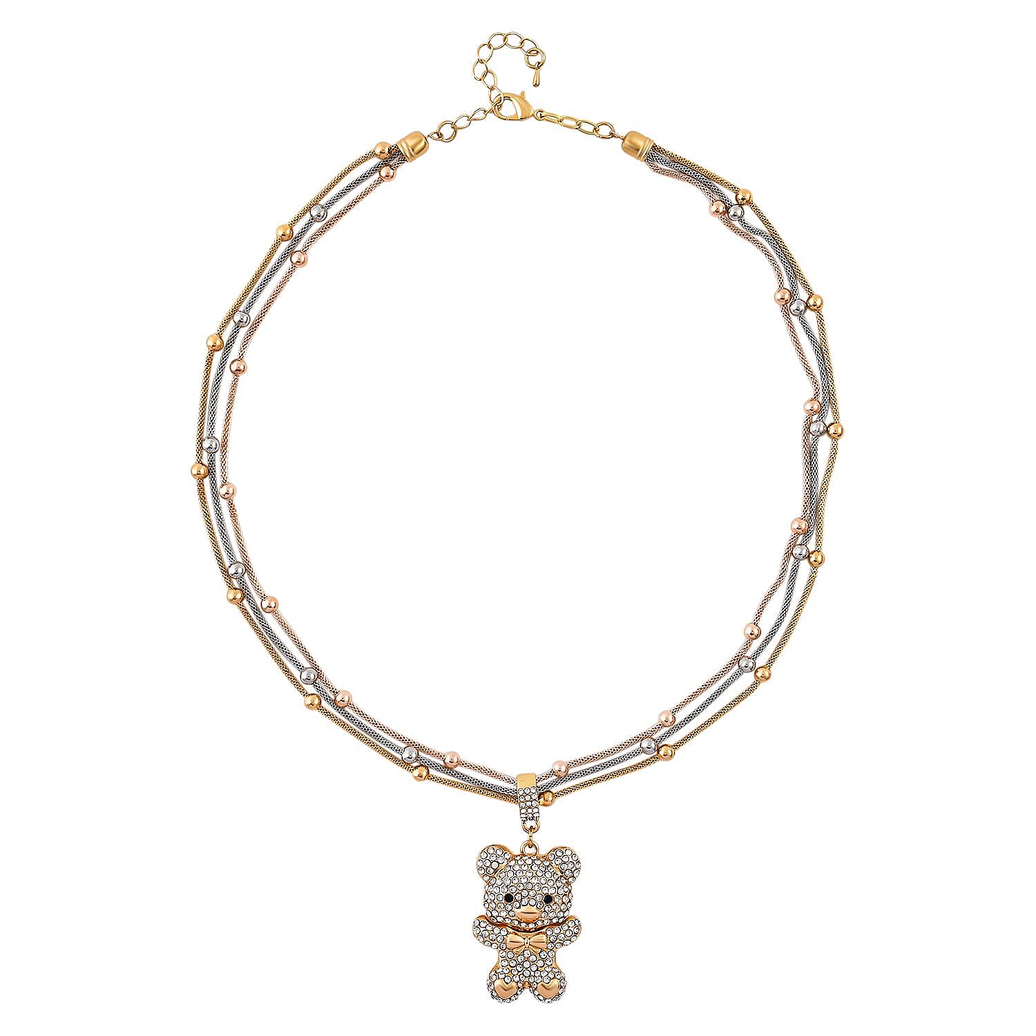 Black and White Austrian Crystal Teddy Pendant With Stainless Steel Chain (Size 22.5-2 Inch Ext.) in Tri-Tone