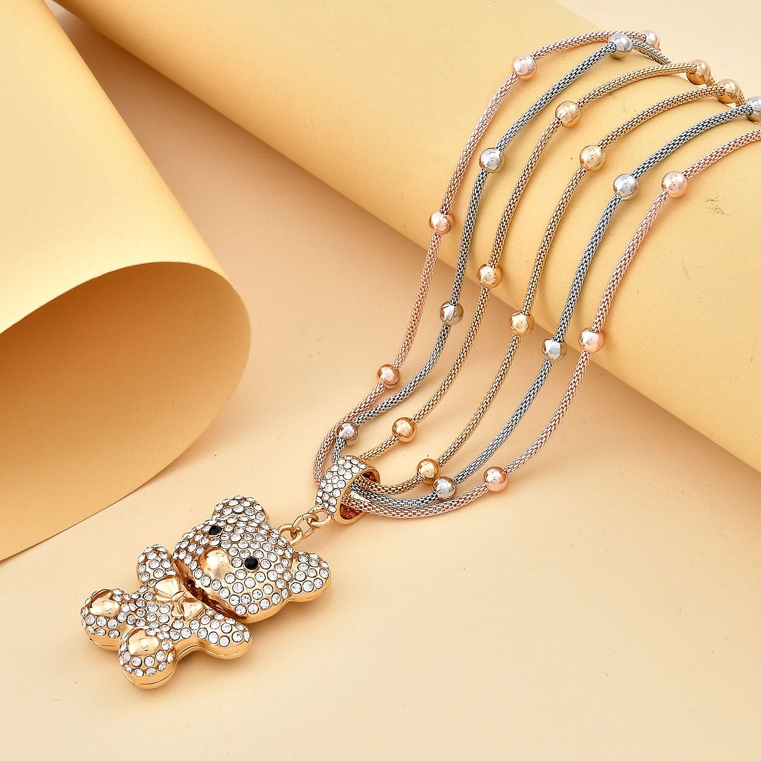 Black and White Austrian Crystal Teddy Pendant With Stainless Steel Chain (Size 22.5-2 Inch Ext.) in Tri-Tone