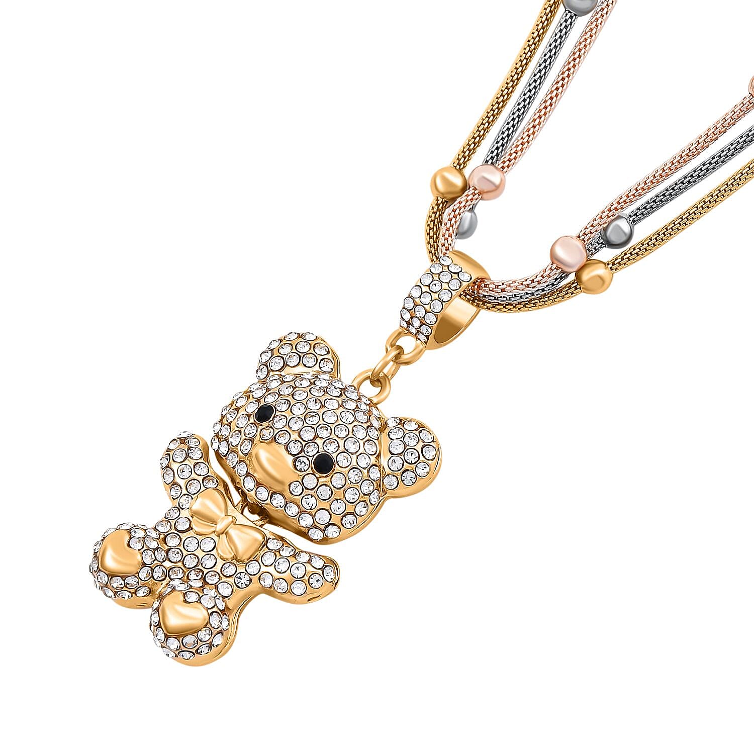 Black and White Austrian Crystal Teddy Pendant With Stainless Steel Chain (Size 22.5-2 Inch Ext.) in Tri-Tone