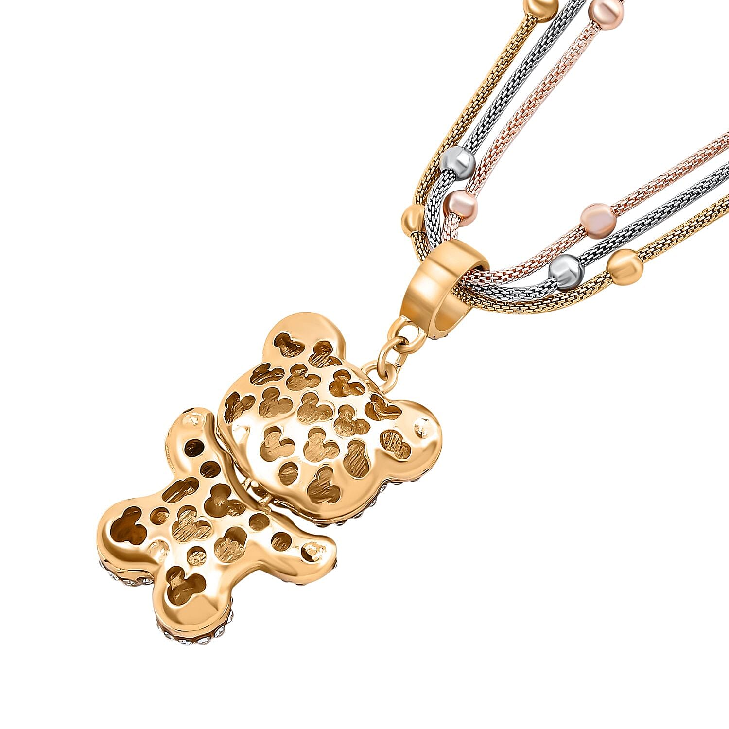 Black and White Austrian Crystal Teddy Pendant With Stainless Steel Chain (Size 22.5-2 Inch Ext.) in Tri-Tone