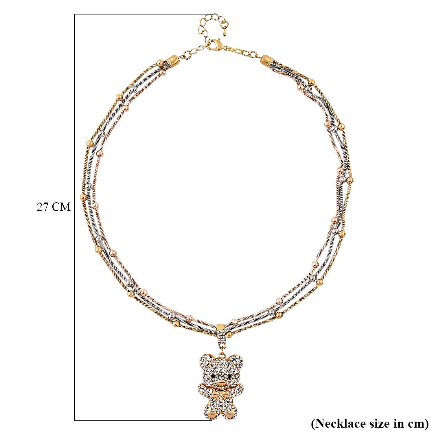 Black and White Austrian Crystal Teddy Pendant With Stainless Steel Chain (Size 22.5-2 Inch Ext.) in Tri-Tone