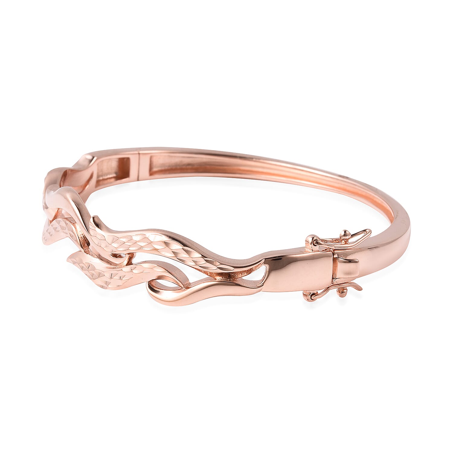 LucyQ Flame Collection - Rose Gold Overlay Sterling Silver Diamond Cut Bangle (Size 7), Silver wt. 22.21 Gms