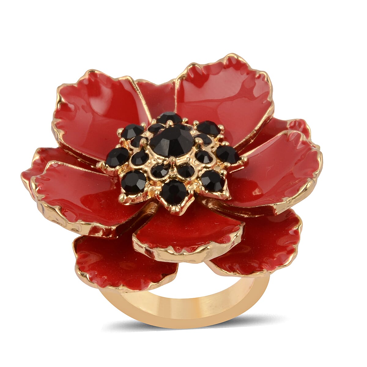 TJC  Design - Black Austrian Crystal Enamelled  Flower Ring in Gold Tone