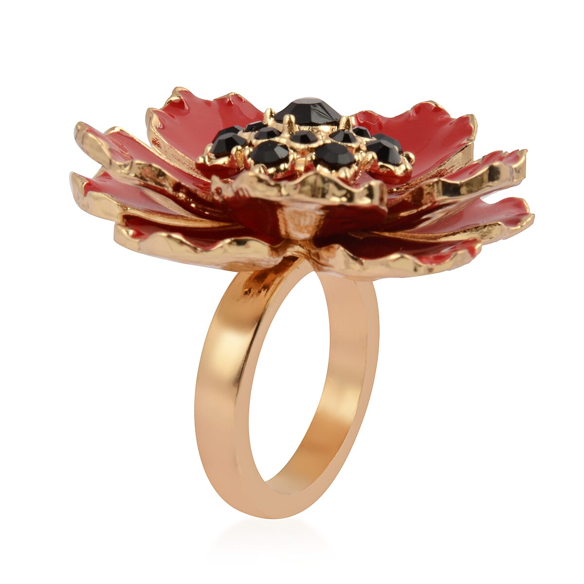 TJC  Design - Black Austrian Crystal Enamelled  Flower Ring in Gold Tone