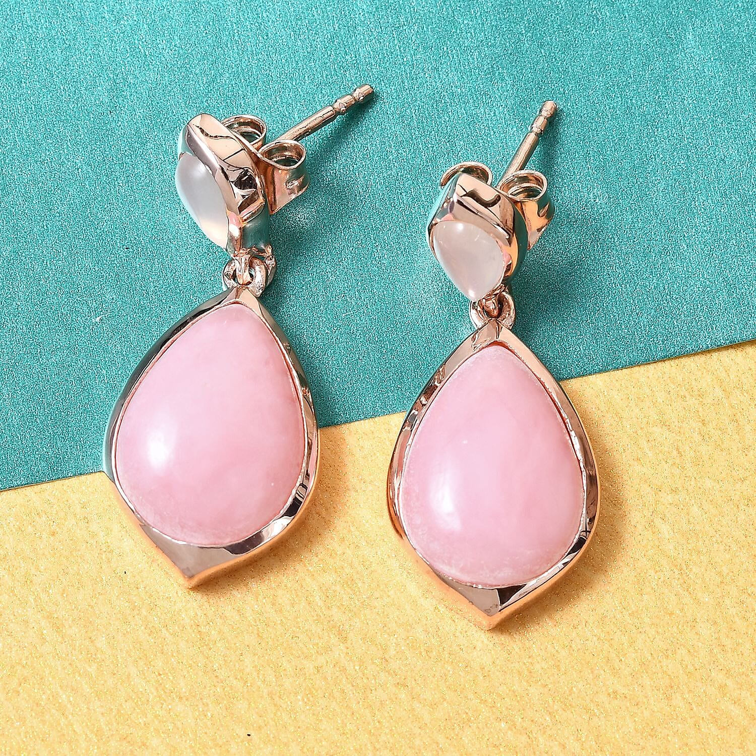 AA Peruvian Pink Opal, Sri Lankan Silver Moonstone Drop Earrings (with Push Back) in Rose Gold Overlay Sterling Silver 9.25 Ct.