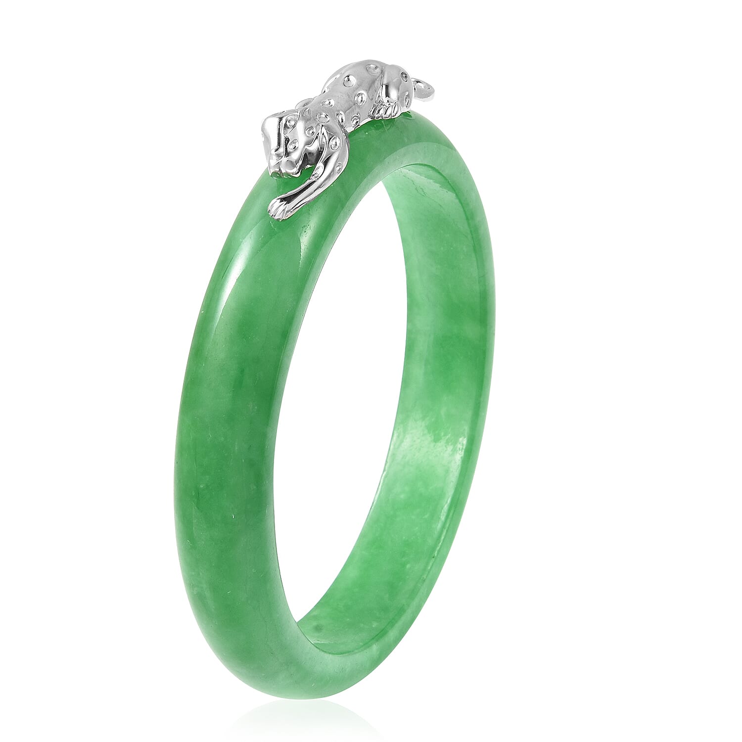 Green Jade Leopard Bangle (Size 7.5) in Rhodium Overlay Sterling Silver 264.25 Ct.