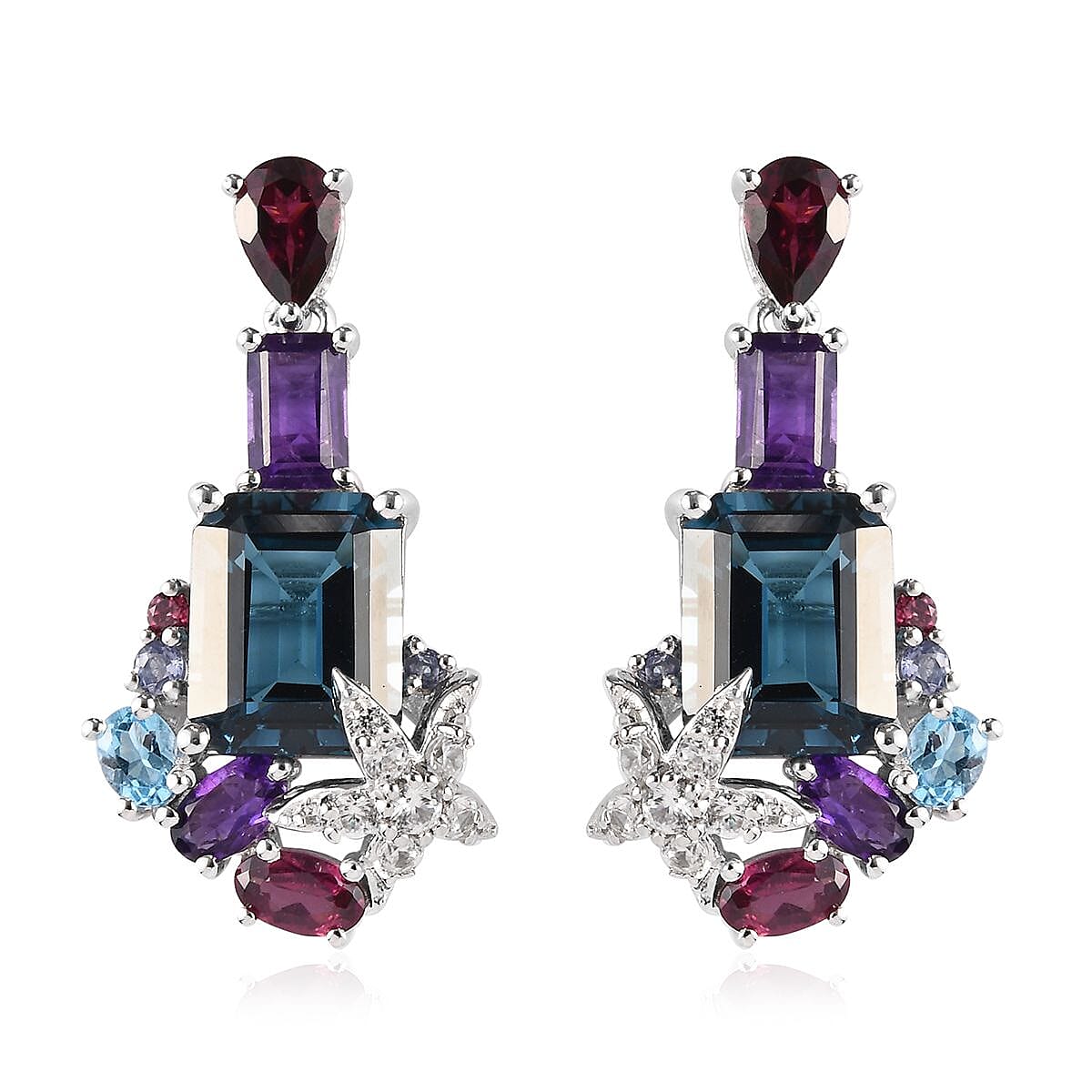 Sundays Child - London Blue Topaz, Amethyst and Multi Gemstone Earrings (with Push Back) in Platinum Overlay Sterling Silver 12.00 Ct, Silver wt 5.68 Gms