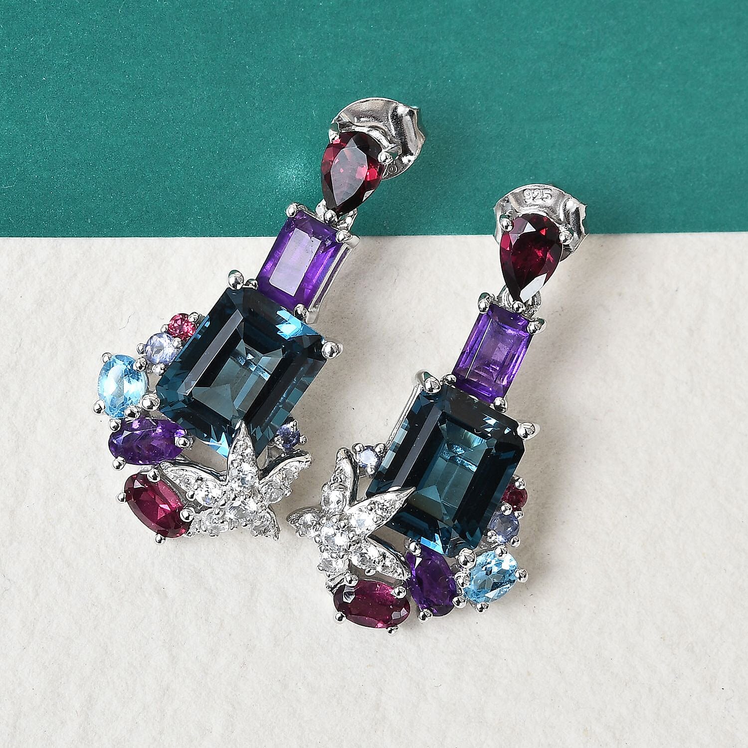 Sundays Child - London Blue Topaz, Amethyst and Multi Gemstone Earrings (with Push Back) in Platinum Overlay Sterling Silver 12.00 Ct, Silver wt 5.68 Gms