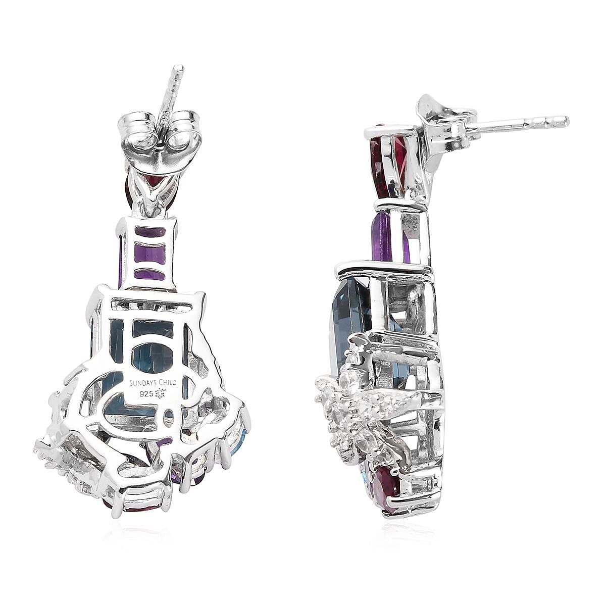 Sundays Child - London Blue Topaz, Amethyst and Multi Gemstone Earrings (with Push Back) in Platinum Overlay Sterling Silver 12.00 Ct, Silver wt 5.68 Gms