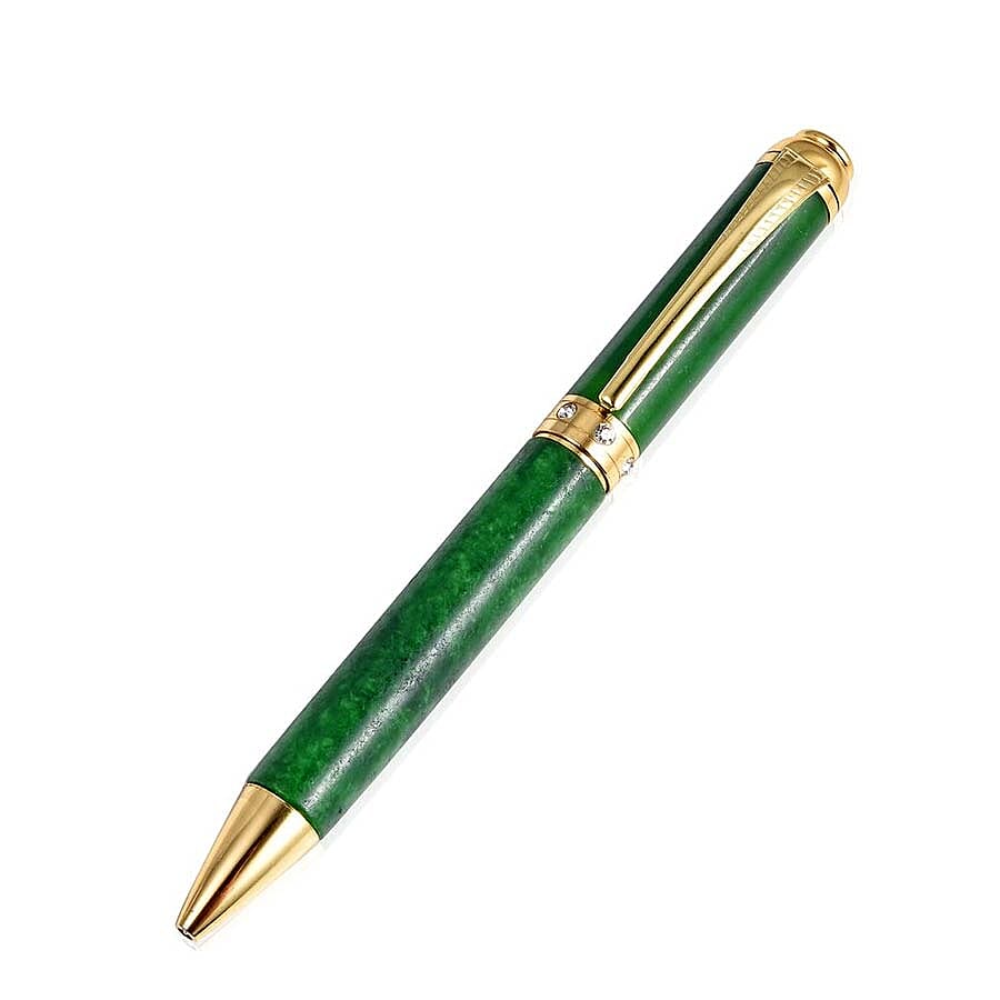 Exclusive Edition Hand Carved Jade Ball Pen with White Crystal in Gold Plating