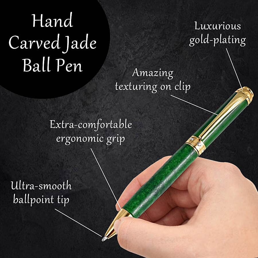 Exclusive Edition Hand Carved Jade Ball Pen with White Crystal in Gold Plating
