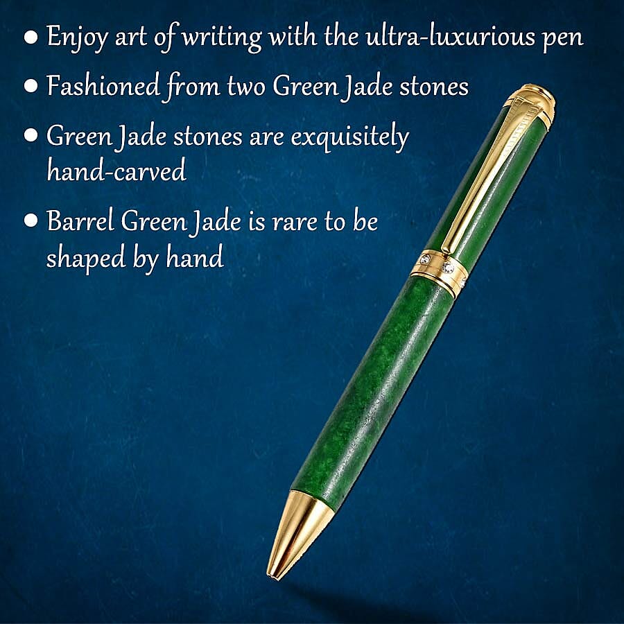 Exclusive Edition Hand Carved Jade Ball Pen with White Crystal in Gold Plating