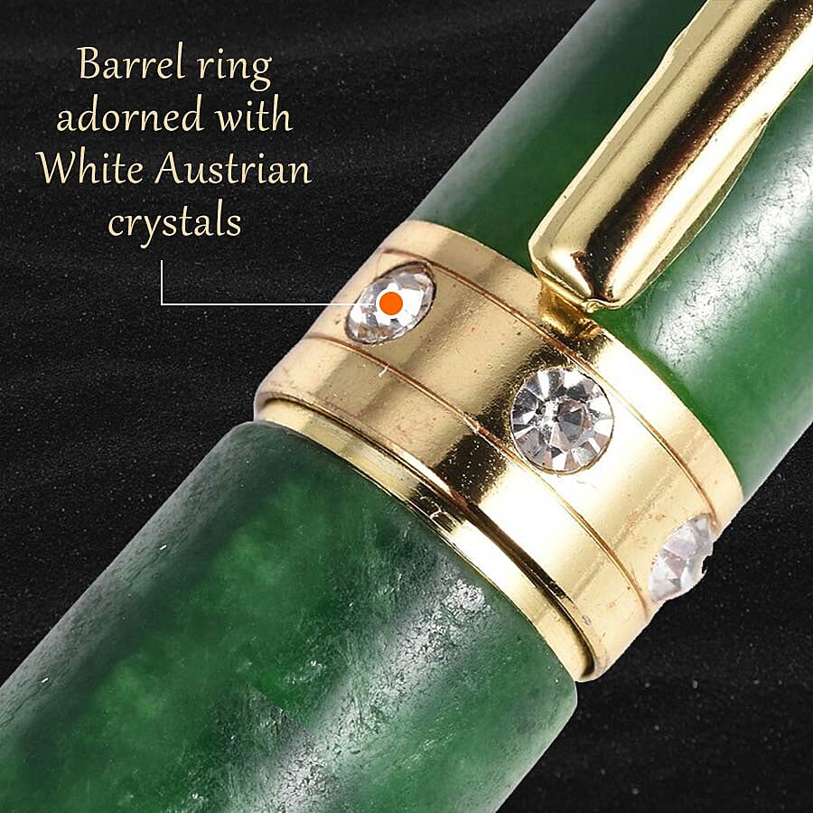 Exclusive Edition Hand Carved Jade Ball Pen with White Crystal in Gold Plating