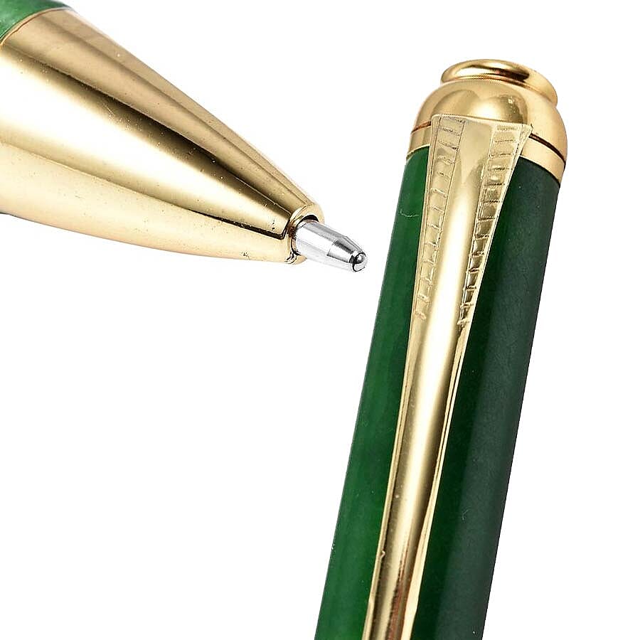 Exclusive Edition Hand Carved Jade Ball Pen with White Crystal in Gold Plating