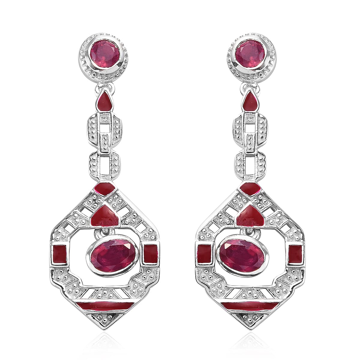African Ruby Enamelled Dangle Earrings (with Push Back) in Platinum Overlay Sterling Silver wt 7.10 Gms