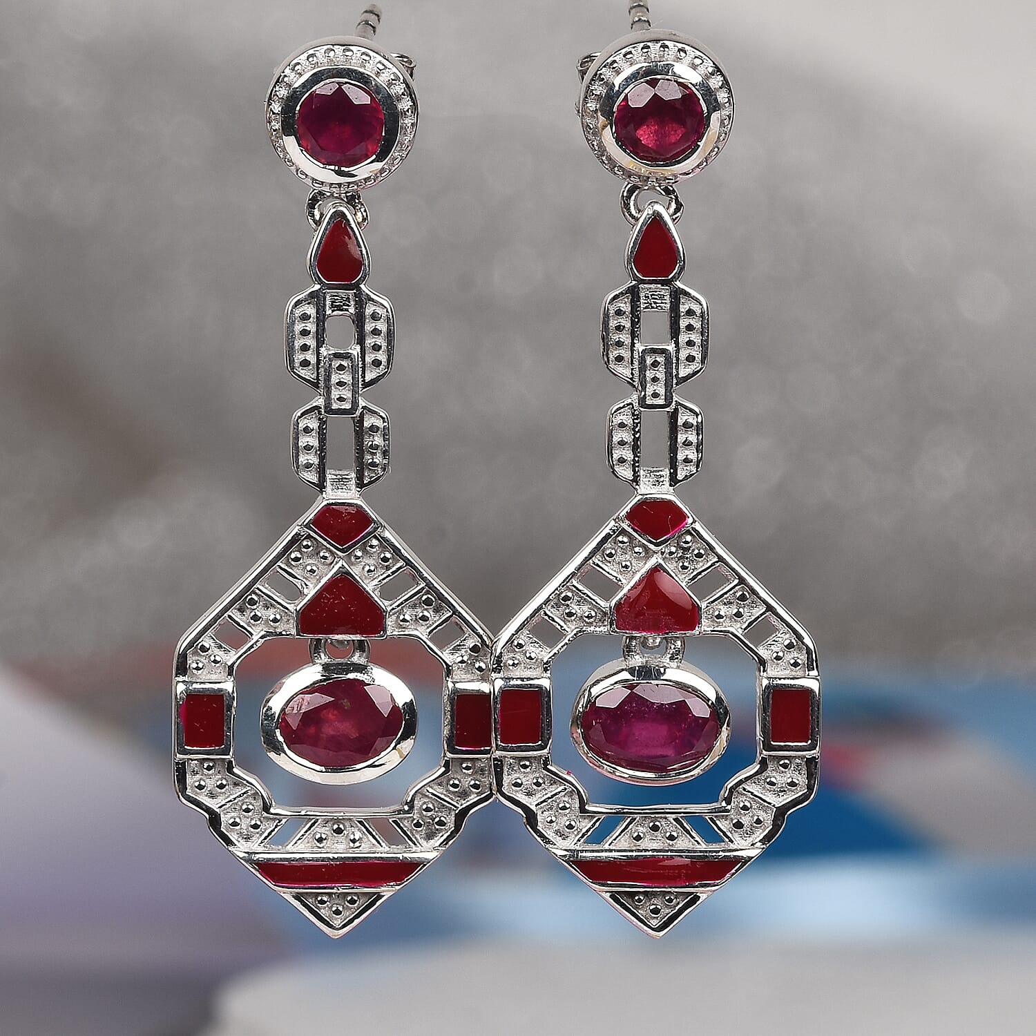 African Ruby Enamelled Dangle Earrings (with Push Back) in Platinum Overlay Sterling Silver wt 7.10 Gms