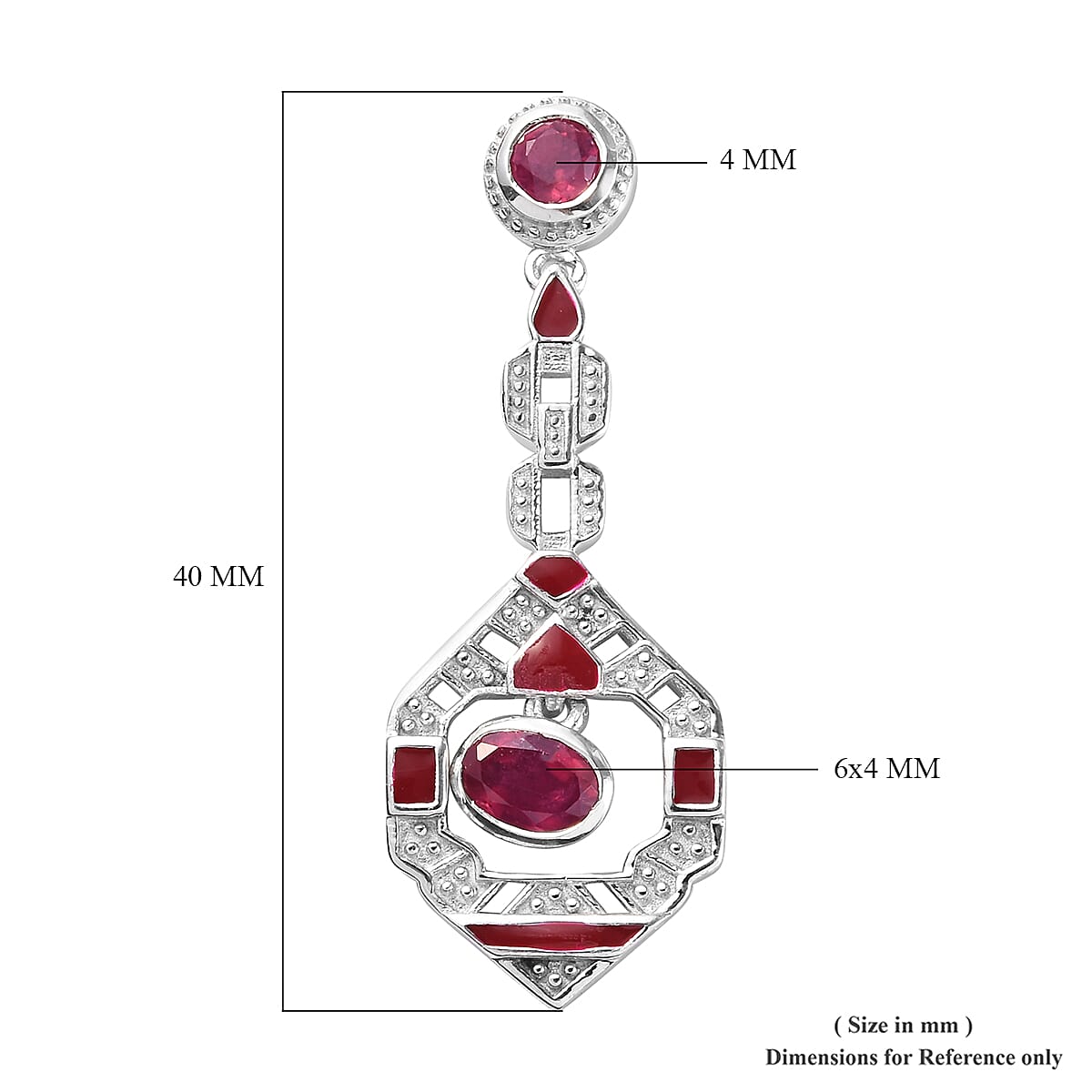 African Ruby Enamelled Dangle Earrings (with Push Back) in Platinum Overlay Sterling Silver wt 7.10 Gms