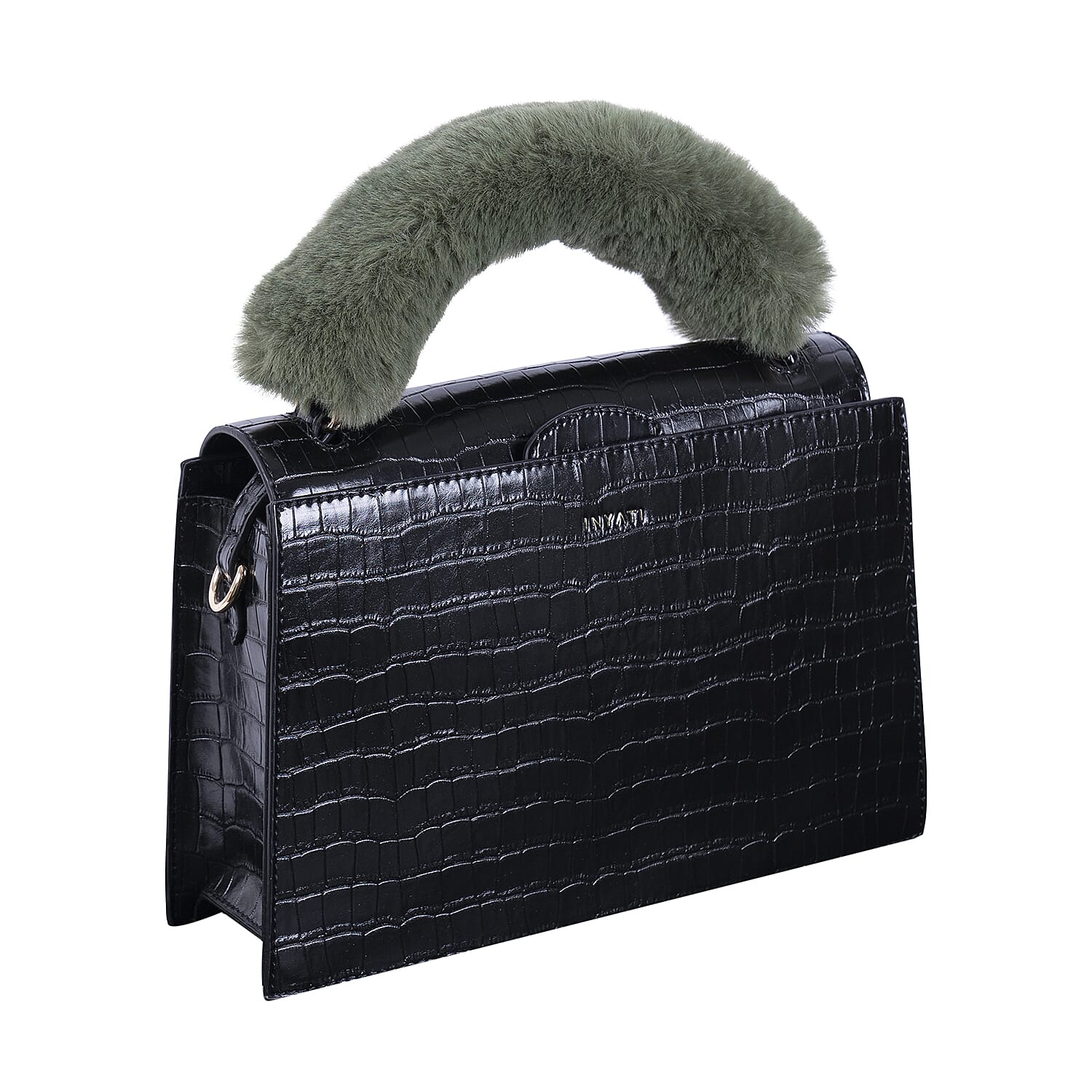 Inyati Olivia Handbag with Removable Faux Fur Handle (Size 20x24x11 Cm) - Black
