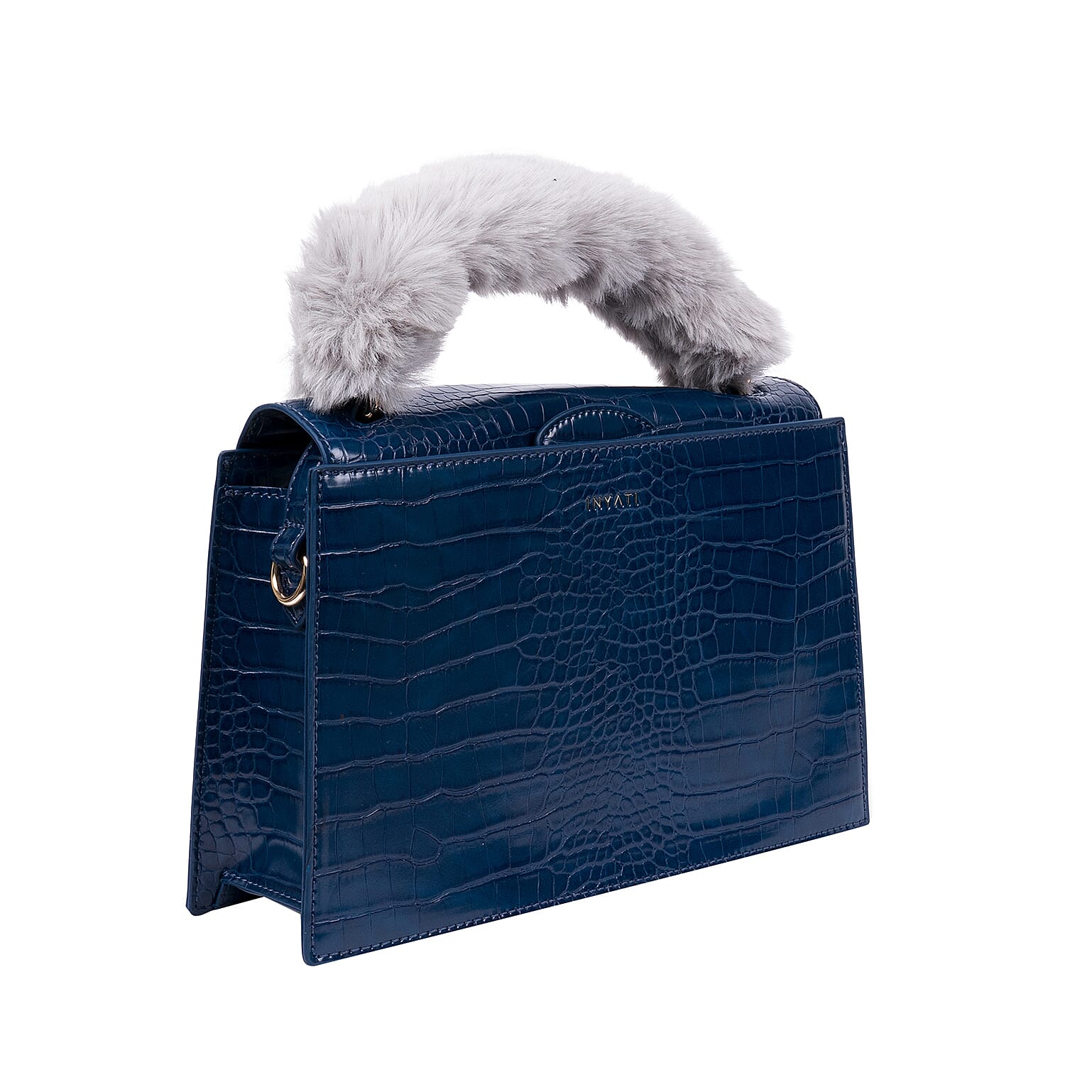 Inyati Olivia Handbag with Removable Faux Fur Handle (Size 20x24x11 Cm) - Navy