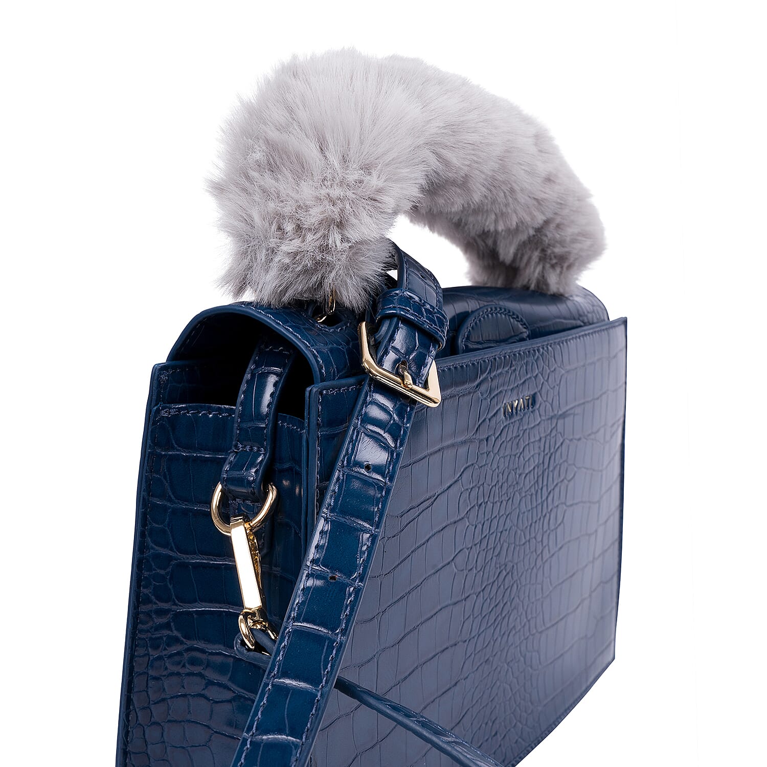 Inyati Olivia Handbag with Removable Faux Fur Handle (Size 20x24x11 Cm) - Navy