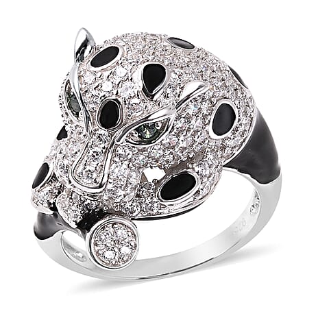 Lustro Stella - Rhodium Overlay Sterling Silver Enamelled Panther Ring Made with Green and White Finest CZ 3.94 Ct.