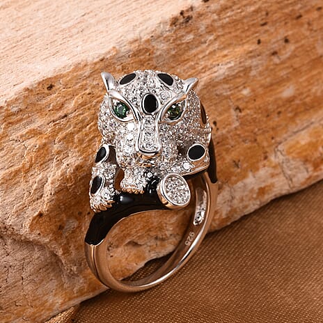 Lustro Stella - Rhodium Overlay Sterling Silver Enamelled Panther Ring Made with Green and White Finest CZ 3.94 Ct.