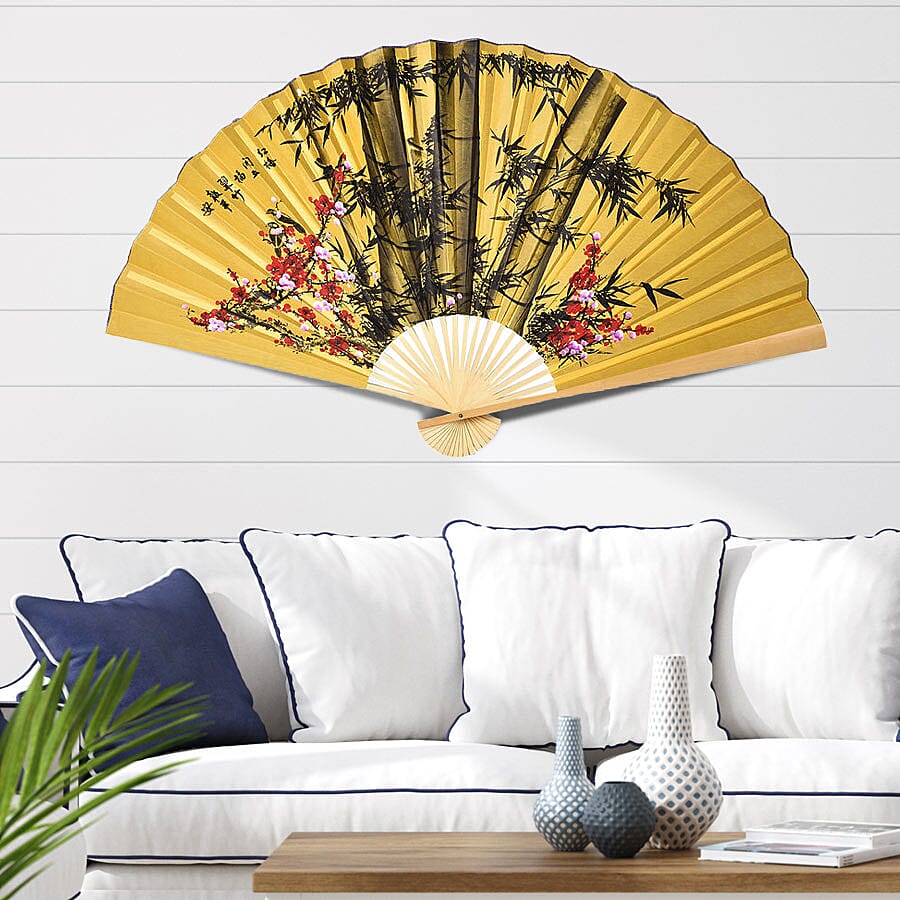 Decorative Yellow Bamboo & Floral Pattern Japanese Style Folding Fan (3 ft)