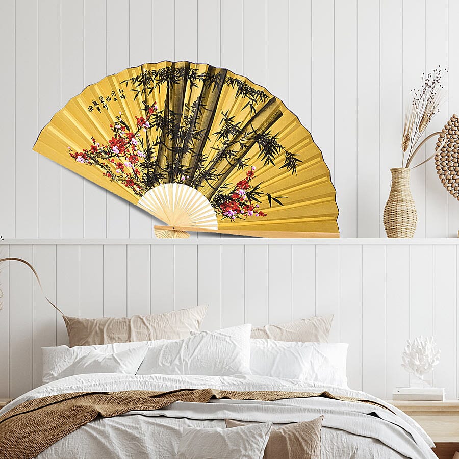 Decorative Yellow Bamboo & Floral Pattern Japanese Style Folding Fan (3 ft)